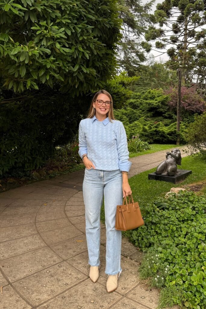Light Blue Cable Knit Sweater + Light Wash Straight-Leg Jeans + Beige Pointed Boots