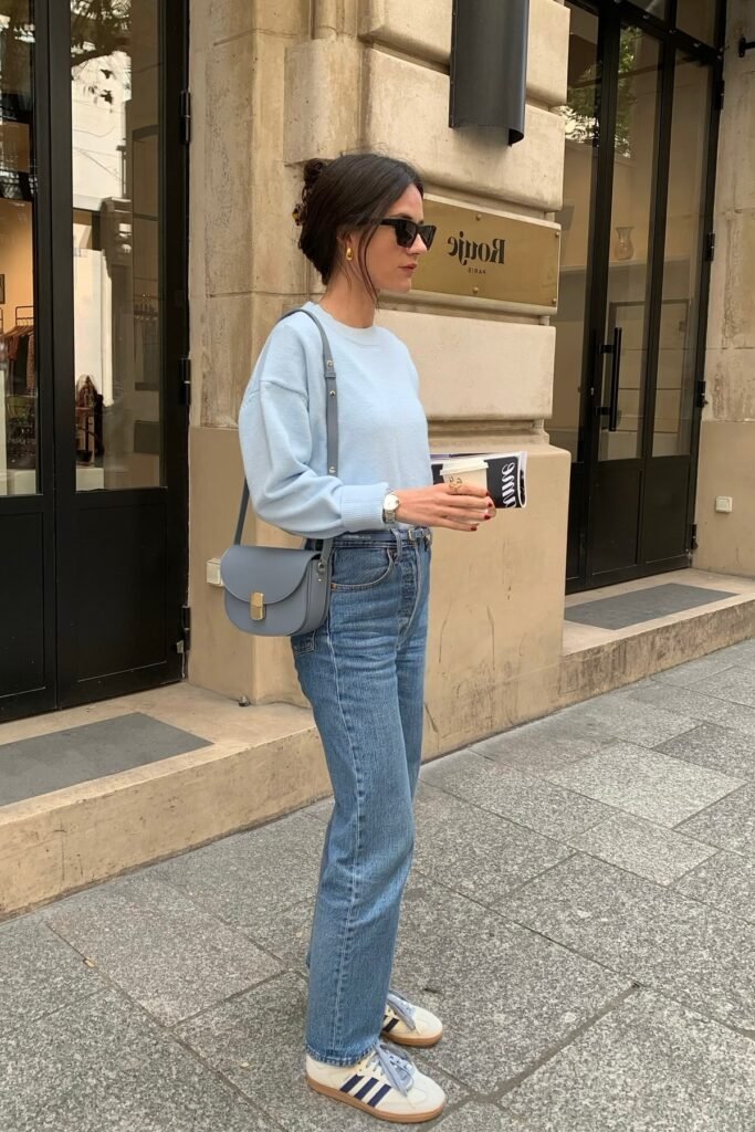Light Blue Crewneck Sweater + Straight Leg Blue Jeans + White and Blue Sneakers