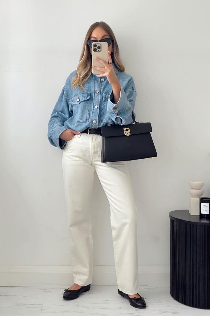 Light Blue Denim Shirt + Off White Straight Jeans + Black Ballet Flats
