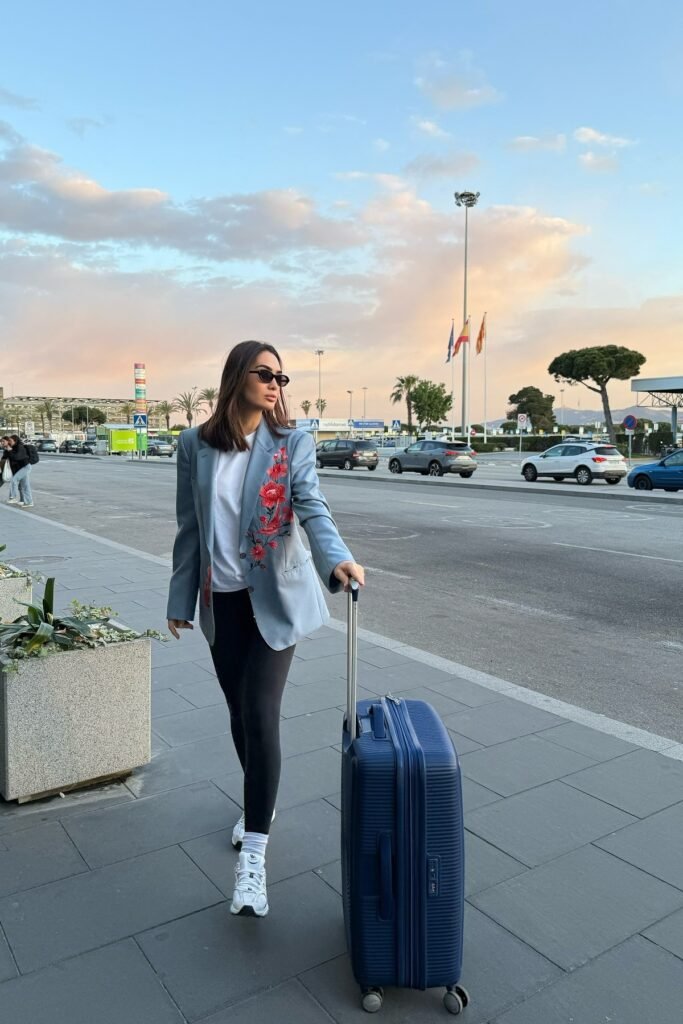 Light Blue Embroidered Blazer + Black Leggings + White Sneakers