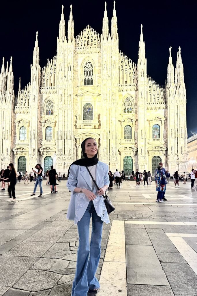 Light Blue Lace Trimmed Blazer + White Top + Blue Flared Jeans + Black Hijab