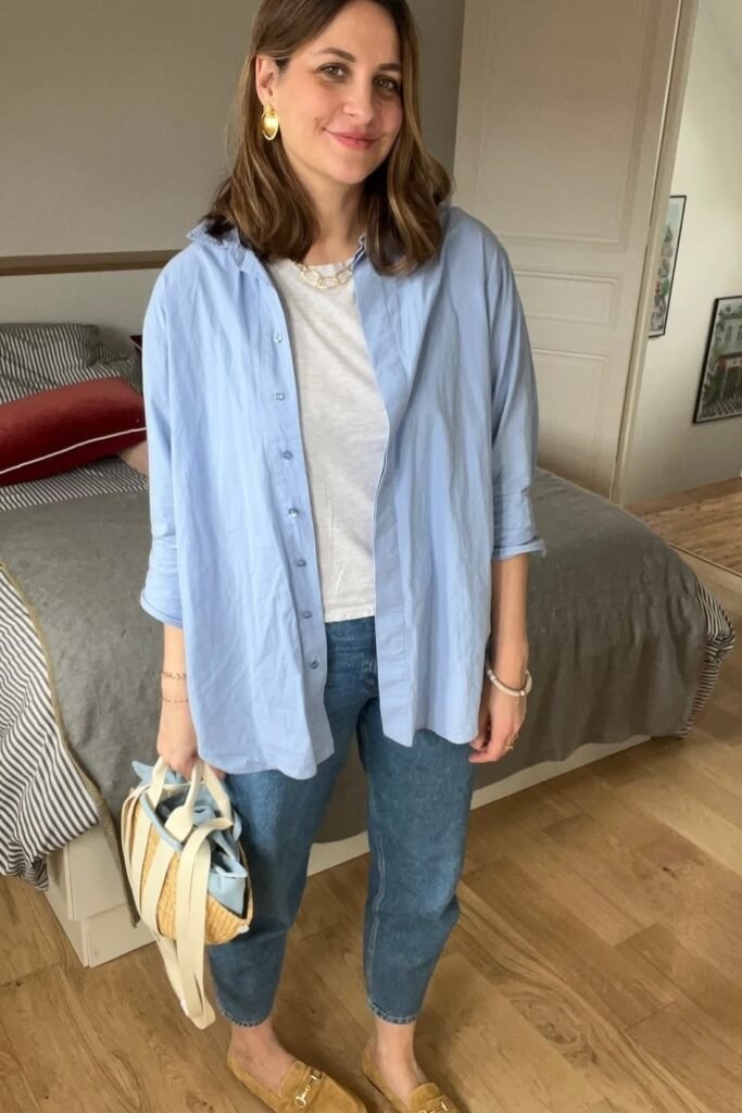Light Blue Oversized Button-Down + White T-Shirt + Medium Wash Jeans + Tan Suede Loafers