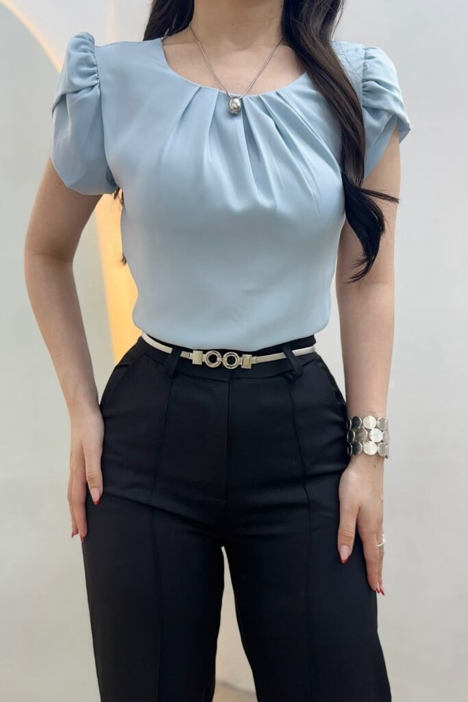 Light Blue Puff-Sleeve Blouse + Black Tailored Trousers + Silver Chain Belt