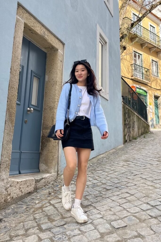 Light Blue Ribbed Cardigan + White T Shirt + Black Mini Skirt + White Sneakers
