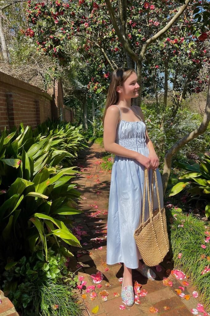 Light Blue Smocked Midi Dress + Floral Loafers + Woven Straw Tote Bag