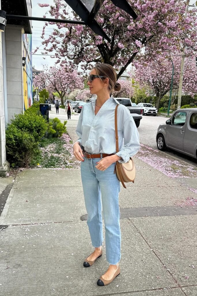 Light Blue Striped Button-Down + Light Wash Straight Jeans + Tan Ballet Flats