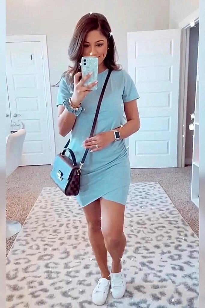 Light Blue T-Shirt Mini Dress + Brown Checkered Crossbody Bag + White Sneakers