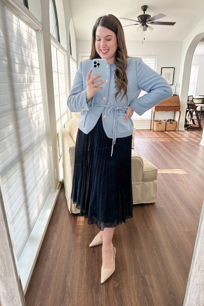 Light Blue Tweed Belted Jacket + Black Pleated Midi Skirt + Beige Pointed Mules