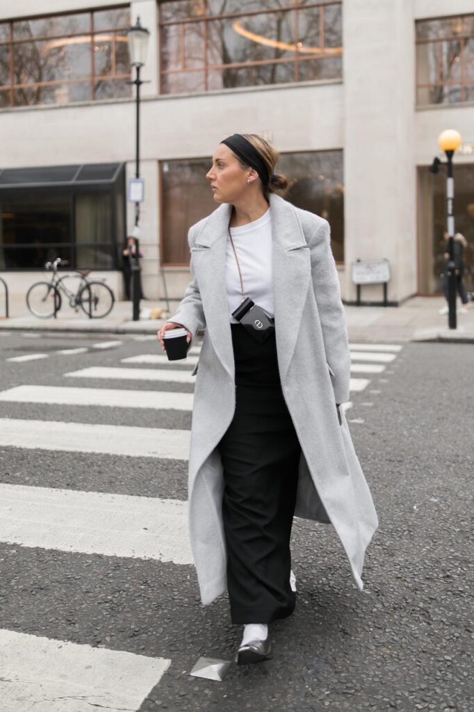 Light Grey Overcoat + White T Shirt + Black Column Maxi Skirt + Silver Pointed Flats