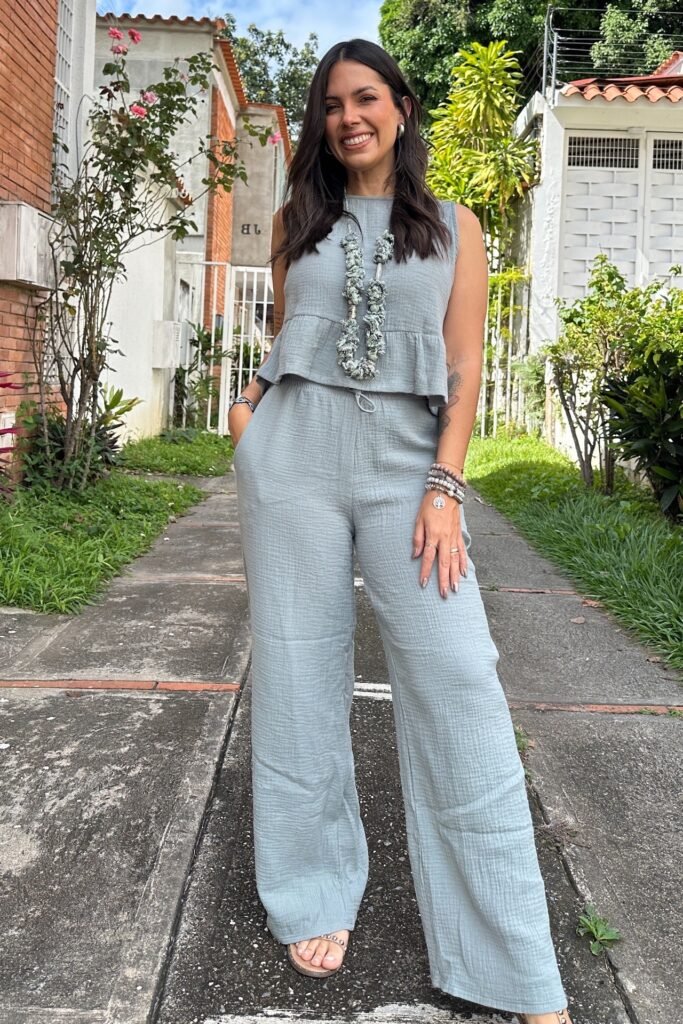 Light Grey Textured Sleeveless Crop Top + Matching Wide-Leg Trousers + Strappy Sandals