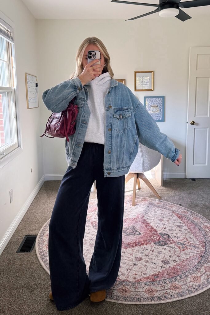 Light Wash Denim Jacket + Grey Turtleneck Sweatshirt + Black Wide Leg Trousers