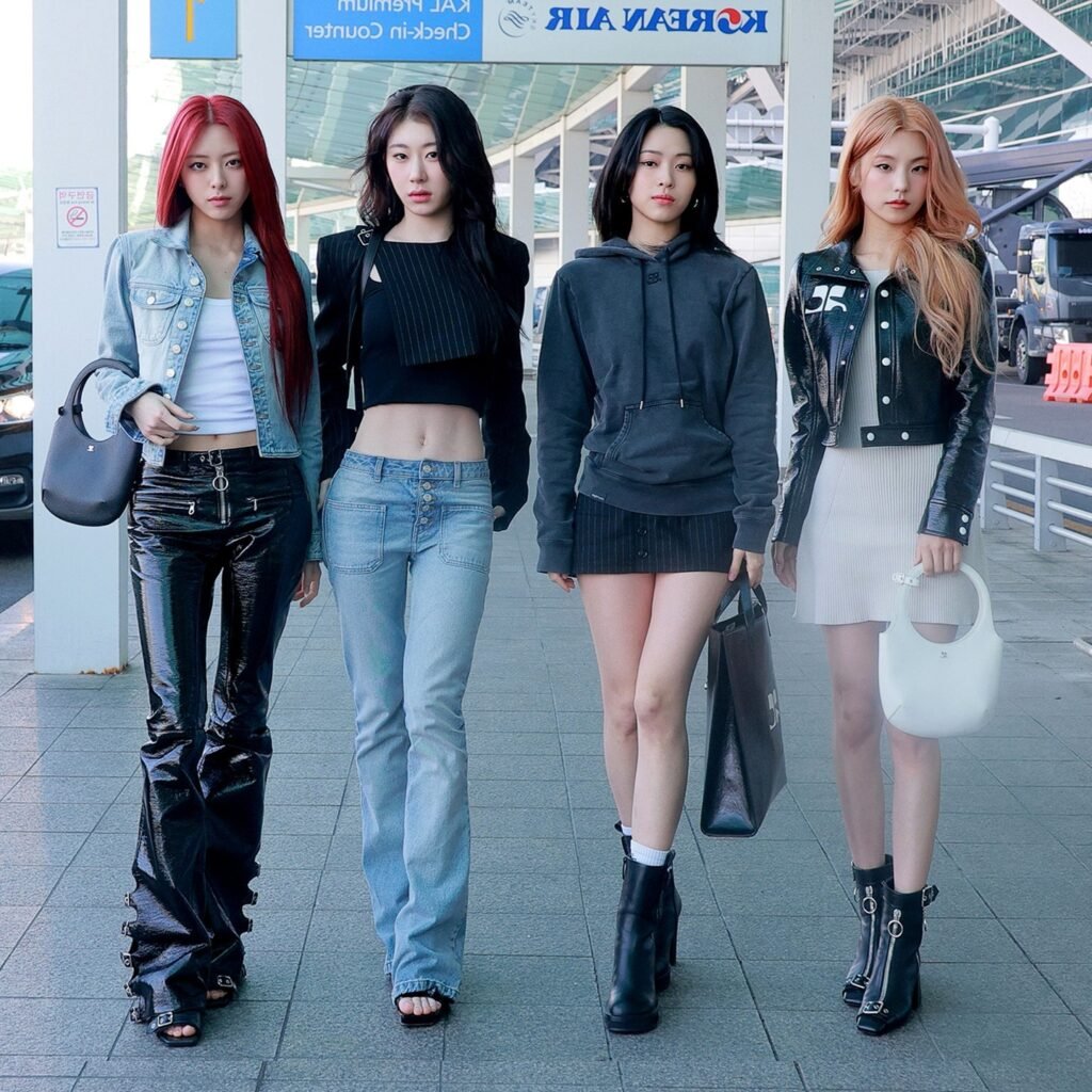 Light Wash Denim Jacket & White Crop Top + Black Shiny Flared Trousers + Black Open-Toe Heels