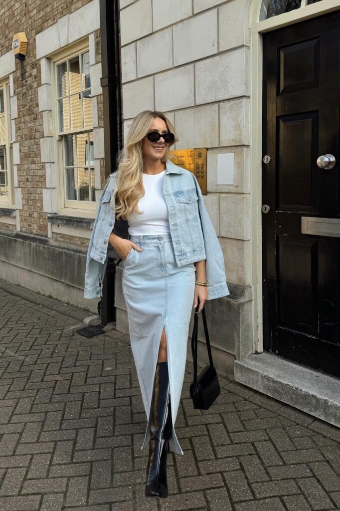 Light Wash Denim Jacket + White Fitted T-Shirt + Light Wash Denim Maxi Skirt with Slit + Black Knee-High Boots