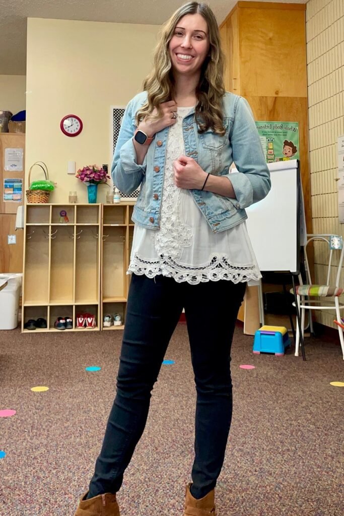Light Wash Denim Jacket + White Lace Trim Blouse + Black Skinny Jeans + Brown Ankle Boots