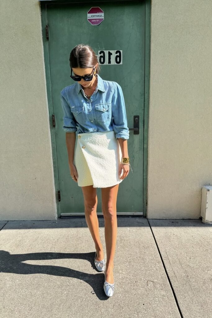 Light Wash Denim Shirt + Cream Bouclé Mini Skirt + Silver Bow Ballet Flats