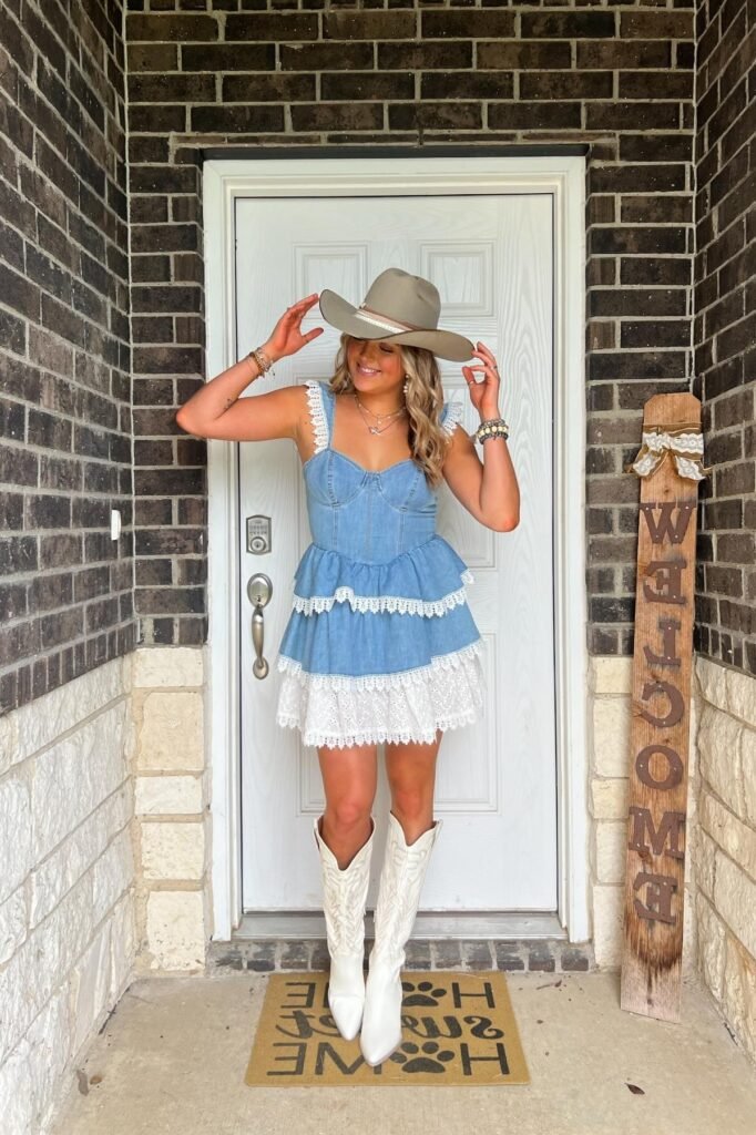 Light Wash Denim Tiered Mini Dress with White Lace Trim + White Western Boots + Taupe Cowboy Hat