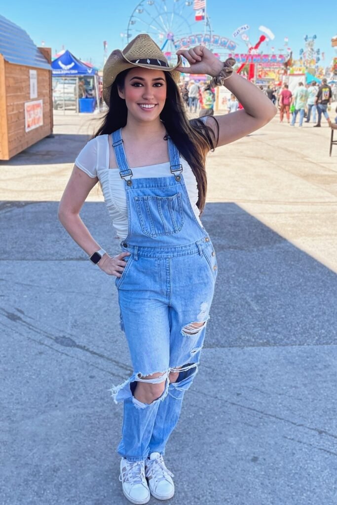 Light Wash Ripped Denim Overalls + White Short-Sleeve Top + White Sneakers