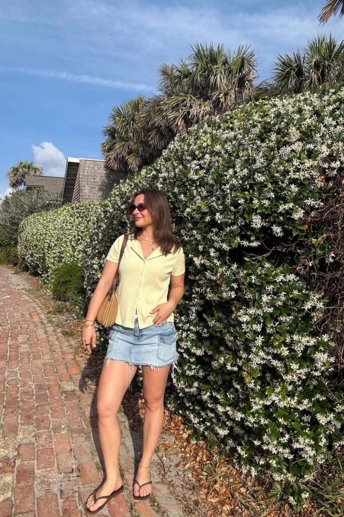 Light Yellow Short-Sleeve Cardigan + Denim Mini Skirt + Brown Flip Flops