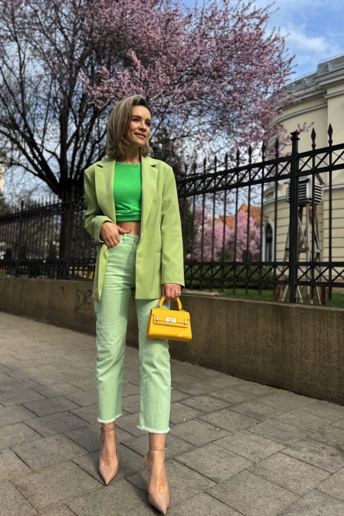 Lime Green Blazer + Bright Green Crop Top + Mint Green Jeans + Nude Pumps