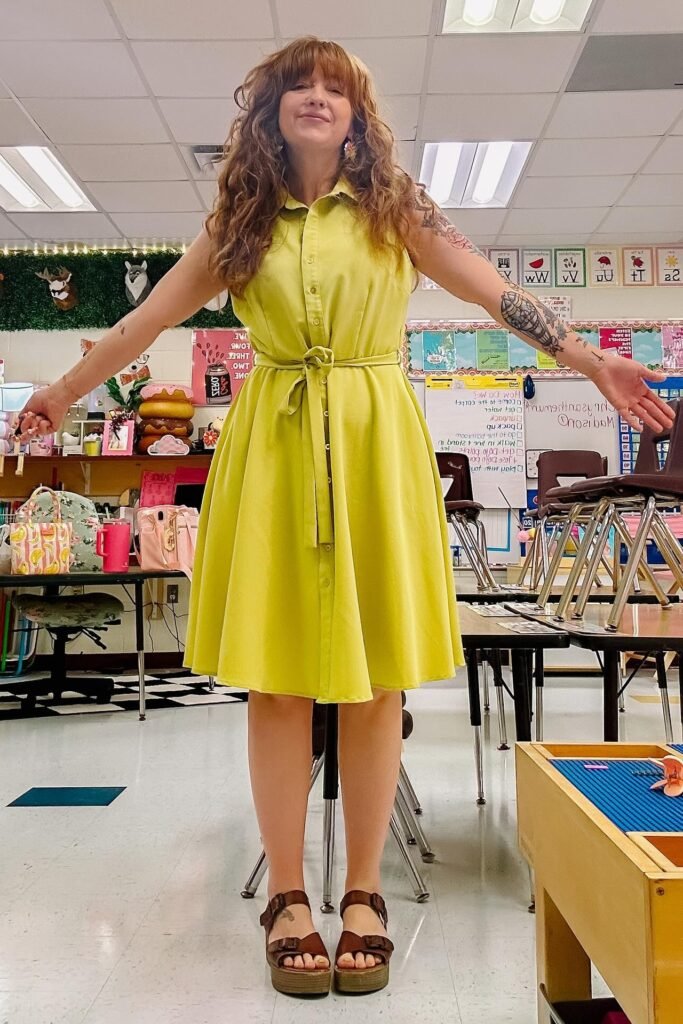 Lime Green Sleeveless Button Down Midi Dress + Brown Platform Sandals
