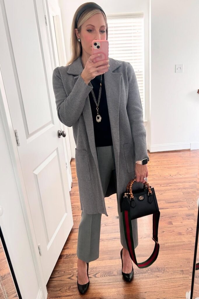 Long Grey Cardigan Coat + Black Top & Grey Trousers + Black Pointed Pumps