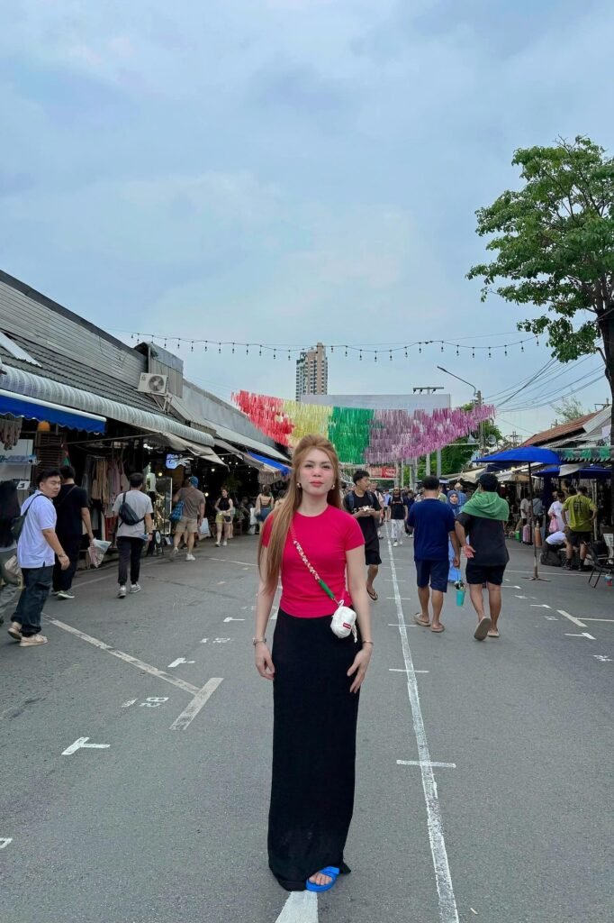 Magenta Short-Sleeve Top + Black Maxi Skirt + Blue Flip-Flops