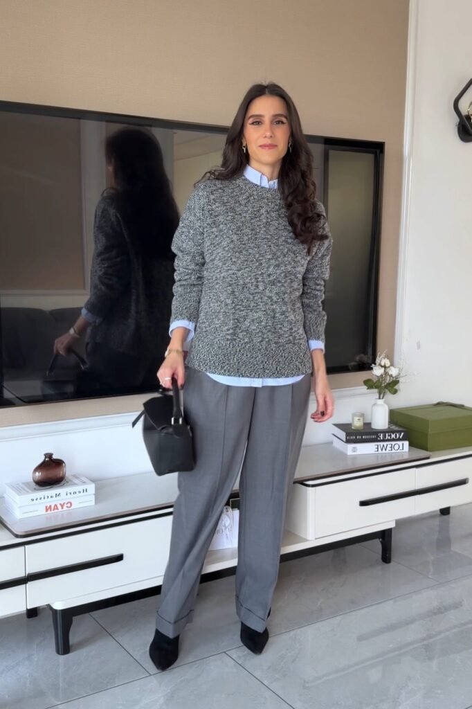 Marled Grey Crewneck Sweater + Light Blue Collared Shirt + Grey Tailored Trousers + Black Pointed Boots