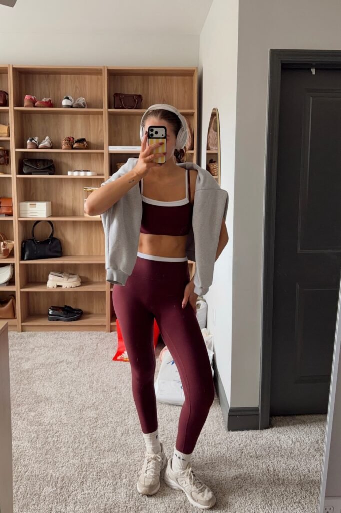 Maroon Athletic Set + Grey Zip-up Hoodie + White Sneakers