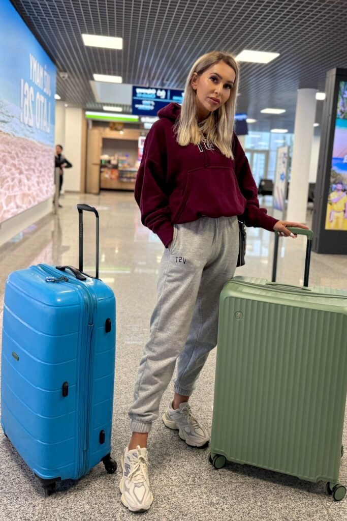 Maroon Oversized Hoodie + Grey Joggers + Chunky White Sneakers