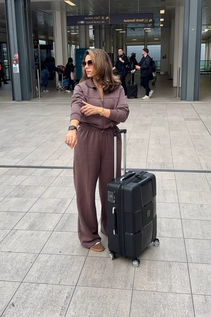 Mauve Quarter-Zip Tracksuit + Matching Mauve Wide-Leg Sweatpants + Brown Suede Slippers