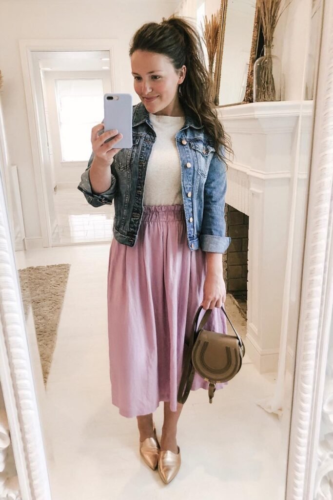 Medium Wash Denim Jacket + White Top + Lavender Midi Skirt + Rose Gold Pointed Flats
