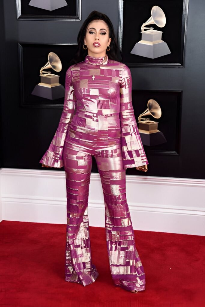 Metallic Pink & Silver Patterned Jumpsuit + Bell Sleeves + Gold Hoop Earrings