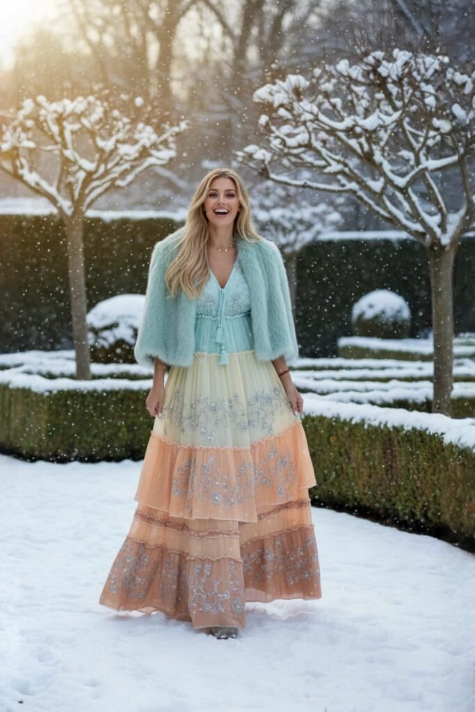 Mint Faux Fur Cape + Tiered Pastel Maxi Dress + Metallic Boots