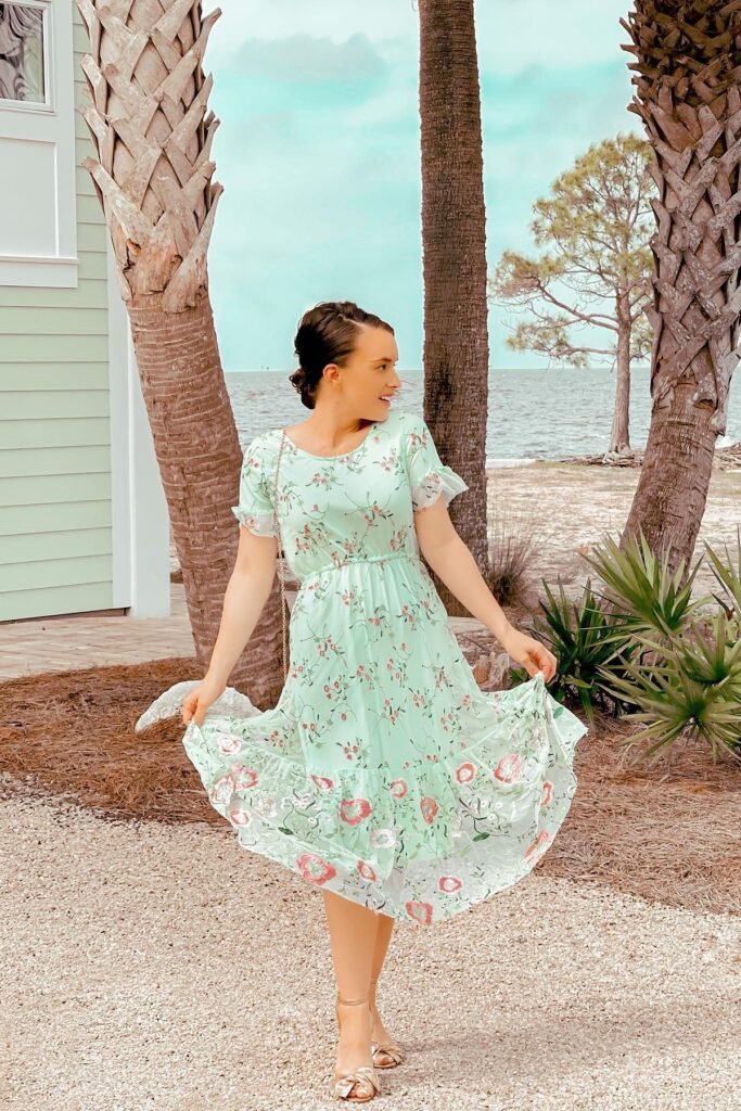 Mint Floral Mesh Midi Dress + Gold Strappy Sandals + Gold Chain Purse