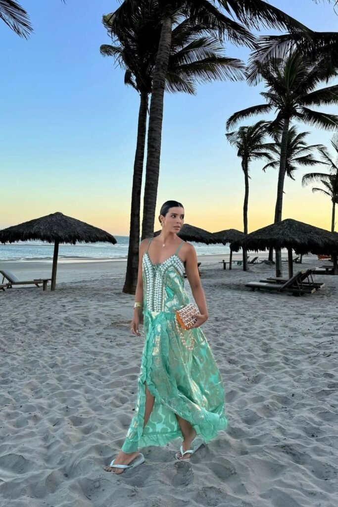 Mint Green Embellished Maxi Dress + White Flip-Flops + Beaded Clutch