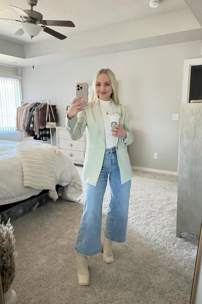 Mint Green Structured Blazer + White Mock-Neck Ribbed Top + Light Wash Cropped Wide-Leg Jeans + Cream Square-Toe Boots