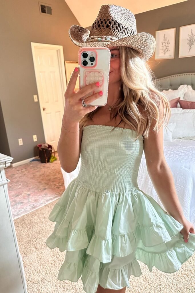 Mint Green Tiered Strapless Mini Dress + Straw Western Hat