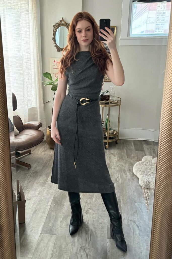 Mock-Neck Grey Midi Dress + Black Leather Rope Belt + Black Knee-High Boots