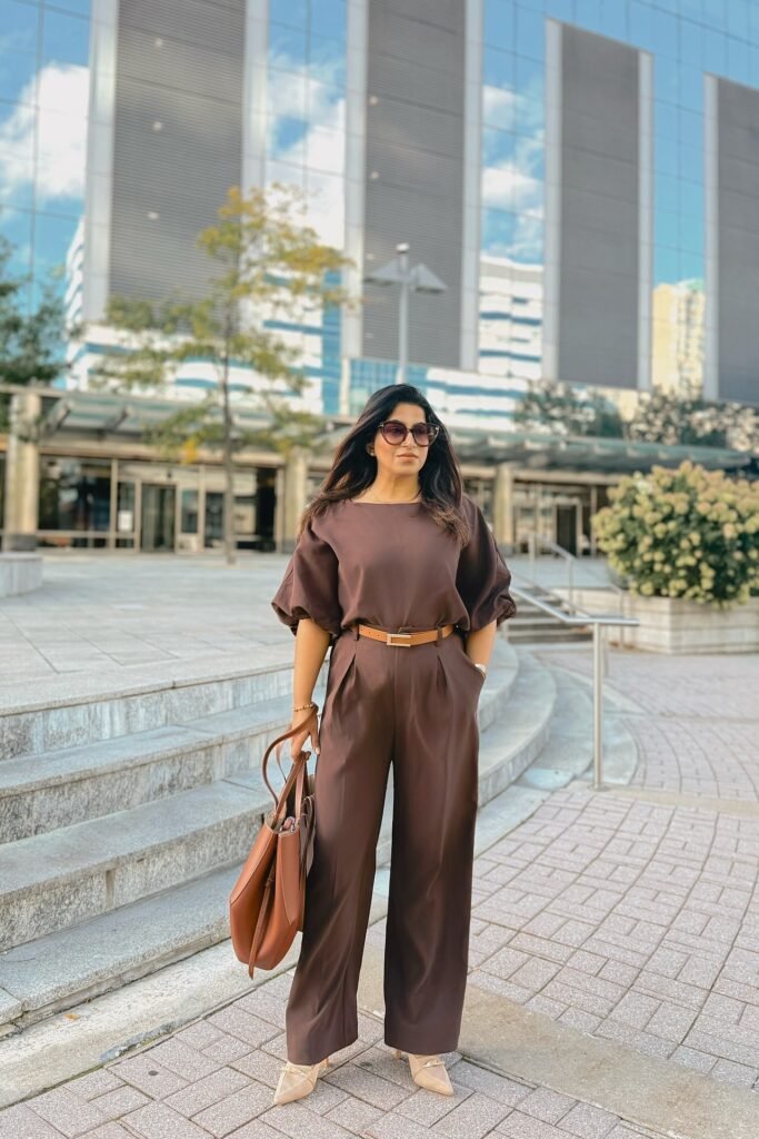 Monochromatic Brown Puff-Sleeve Top + Brown Wide-Leg Trousers + Beige Pointed Heels
