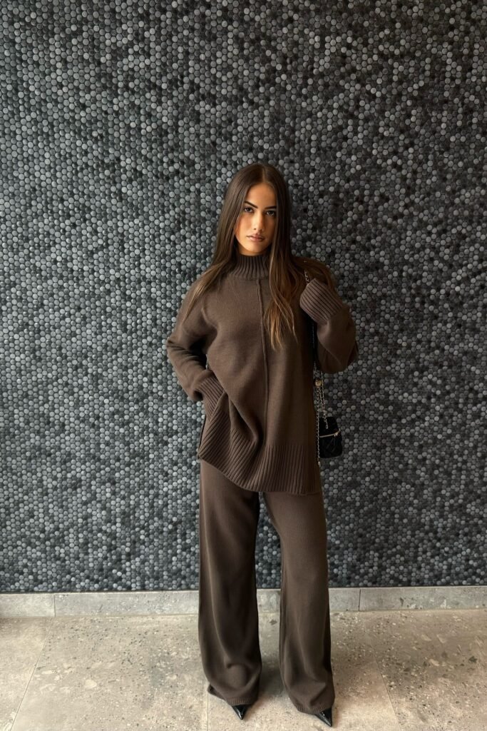 Monochrome Chocolate Brown Knit Set + Black Pointed Heels + Black Quilted Mini Bag