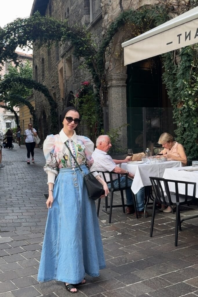 Multicolor Puff Sleeve Graphic Blouse + Long Denim Button Front Skirt + Black Strappy Sandals