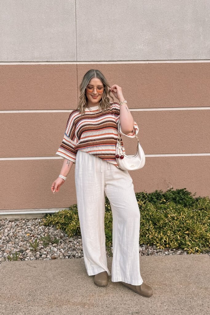 Multicolor Striped Knit Top + White Wide Leg Striped Pants + Taupe Mules
