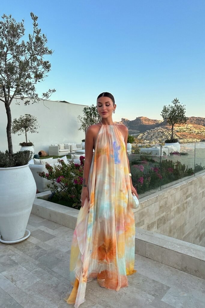 Multicolor Watercolor Halter Maxi Dress + White Pearl Clutch