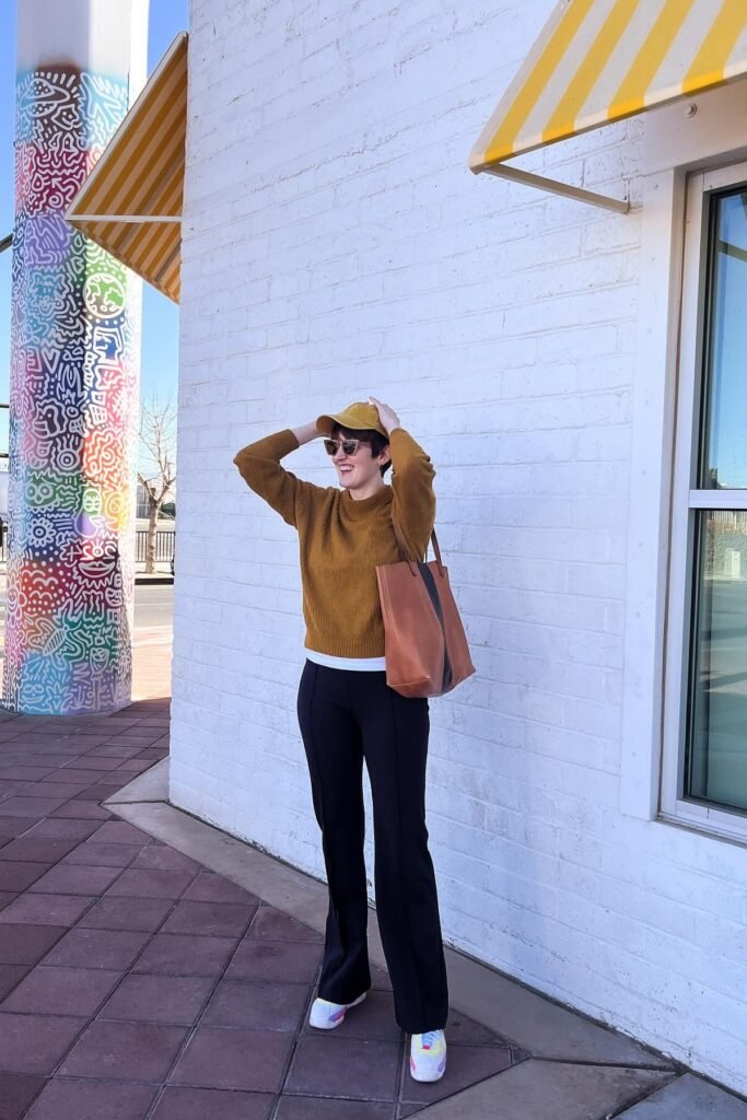 Mustard Yellow Crewneck Sweater + White Undershirt + Black Flare Trousers + White Sneakers