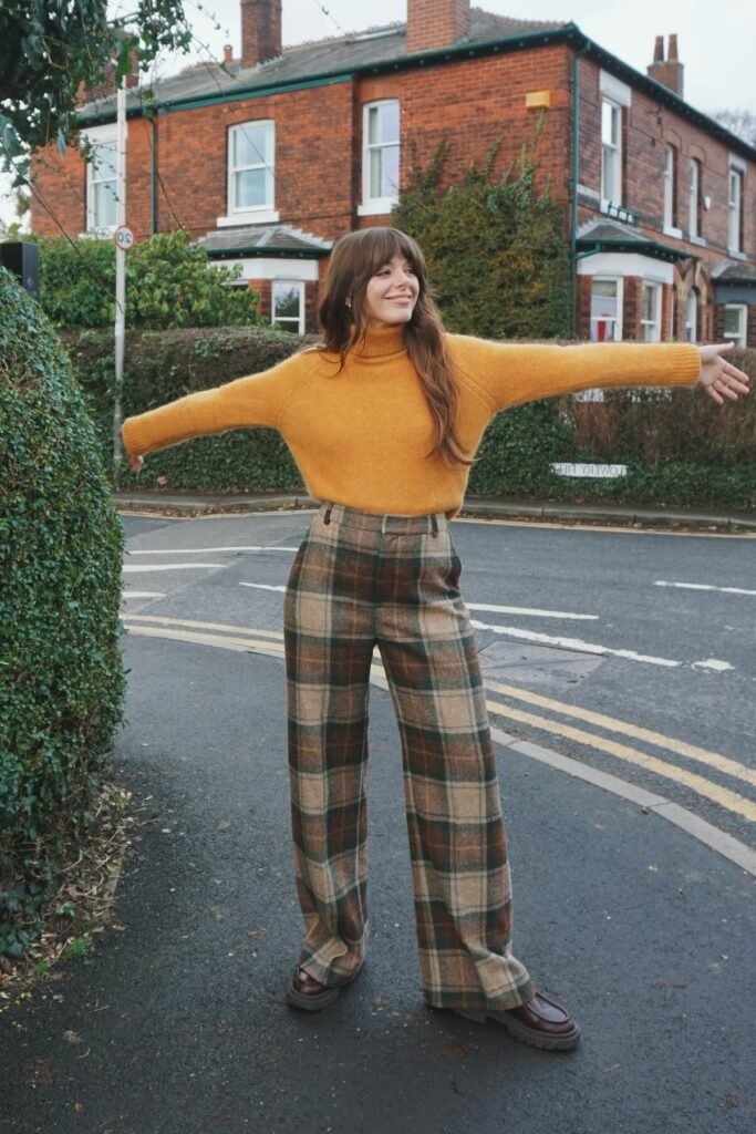 Mustard Yellow Turtleneck Sweater + Brown Plaid Wide-Leg Trousers + Brown Loafers