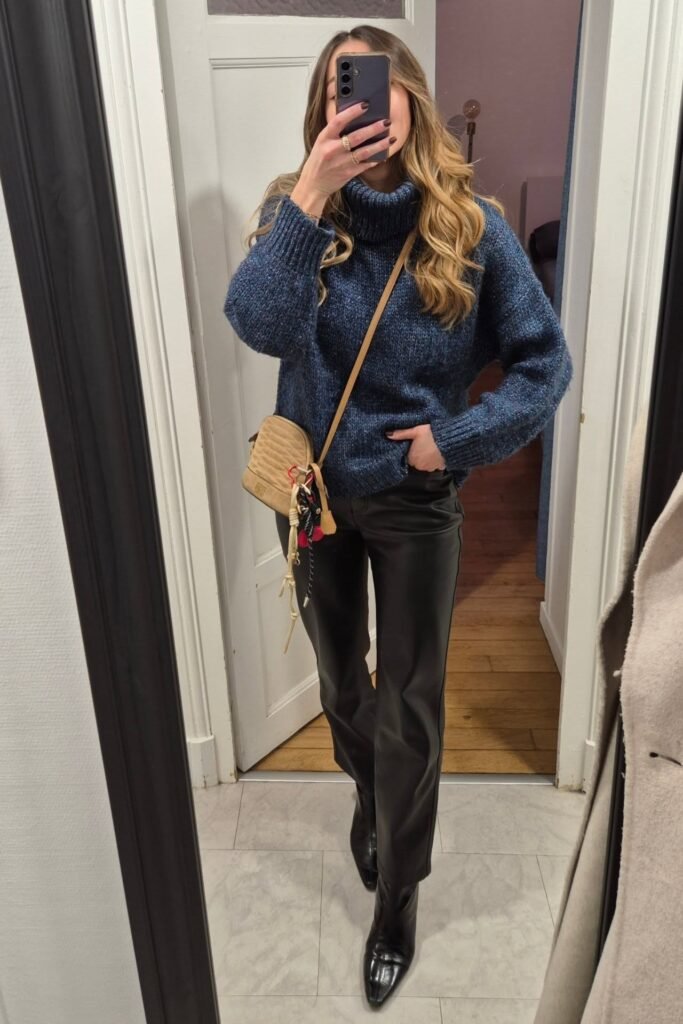 Muted Blue Turtleneck Sweater + Black Faux Leather Straight Leg Trousers + Black Pointed Toe Boots