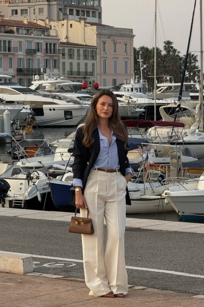 Navy Blazer + Light Blue Button-Down Shirt + White High-Waisted Trousers + Brown Pointed Flats