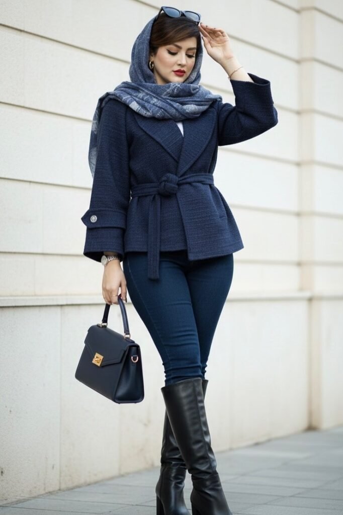 Navy Blue Belted Jacket + Dark Wash Skinny Jeans + Black Knee-High Boots