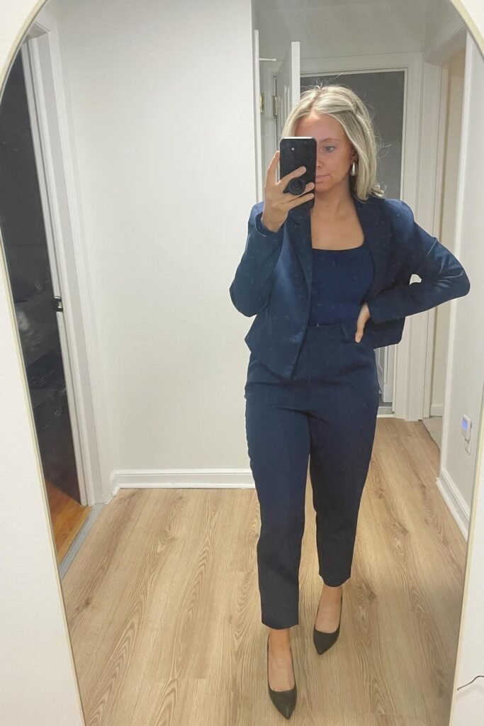 Navy Blue Blazer + Matching Navy Square-Neck Top + Navy Slim-Fit Trousers + Black Pointed Heels