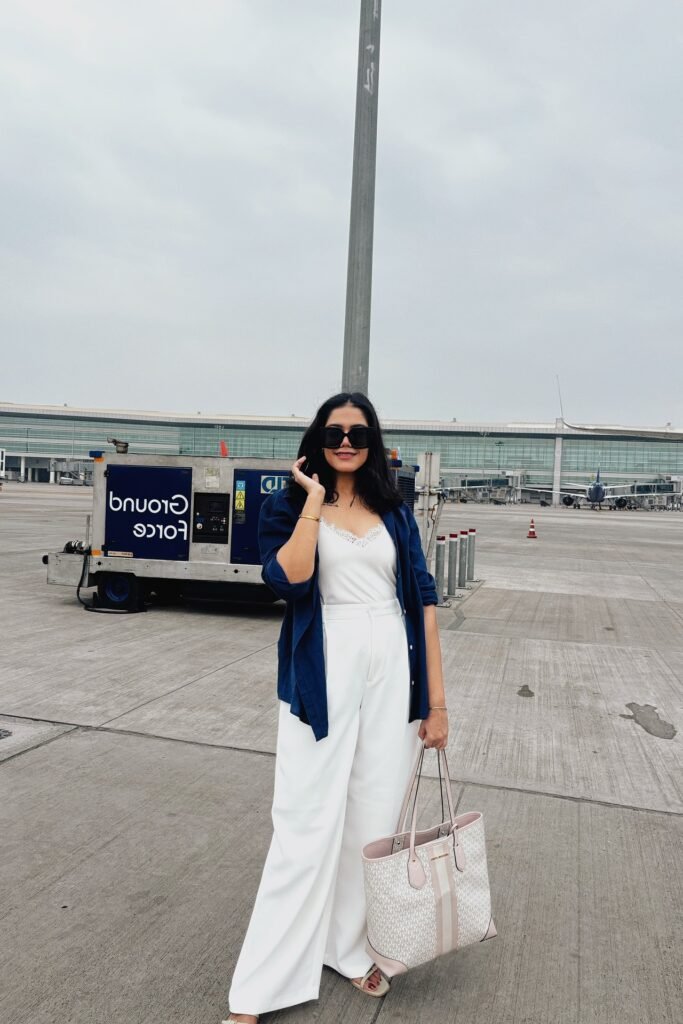 Navy Blue Button-Down Shirt + White Lace-Trim Cami + White Wide-Leg Pants